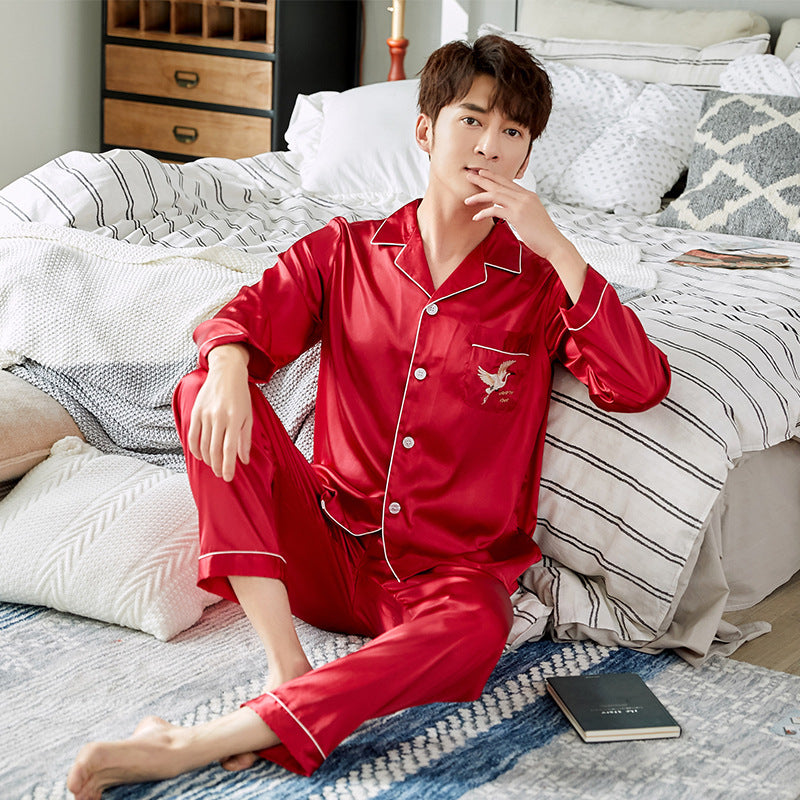 Ice Silk Couple Pajamas Spring And Summer Long-sleeved Printed Silk Pajamas