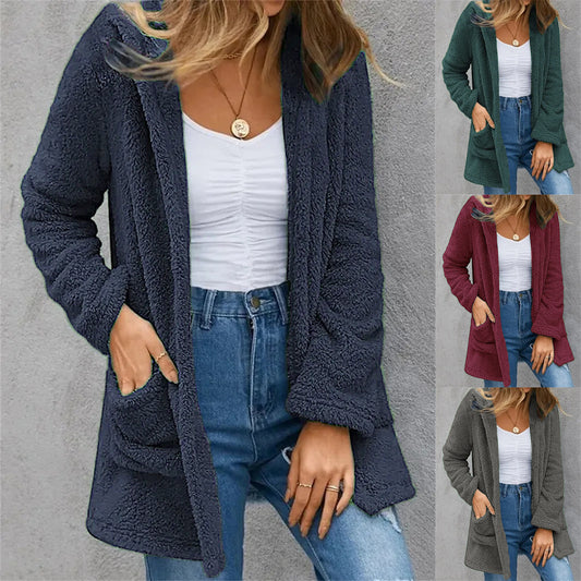 New Women's Cardigan Double Pocket Hooded Solid Color Fleece Cardigan Jacket