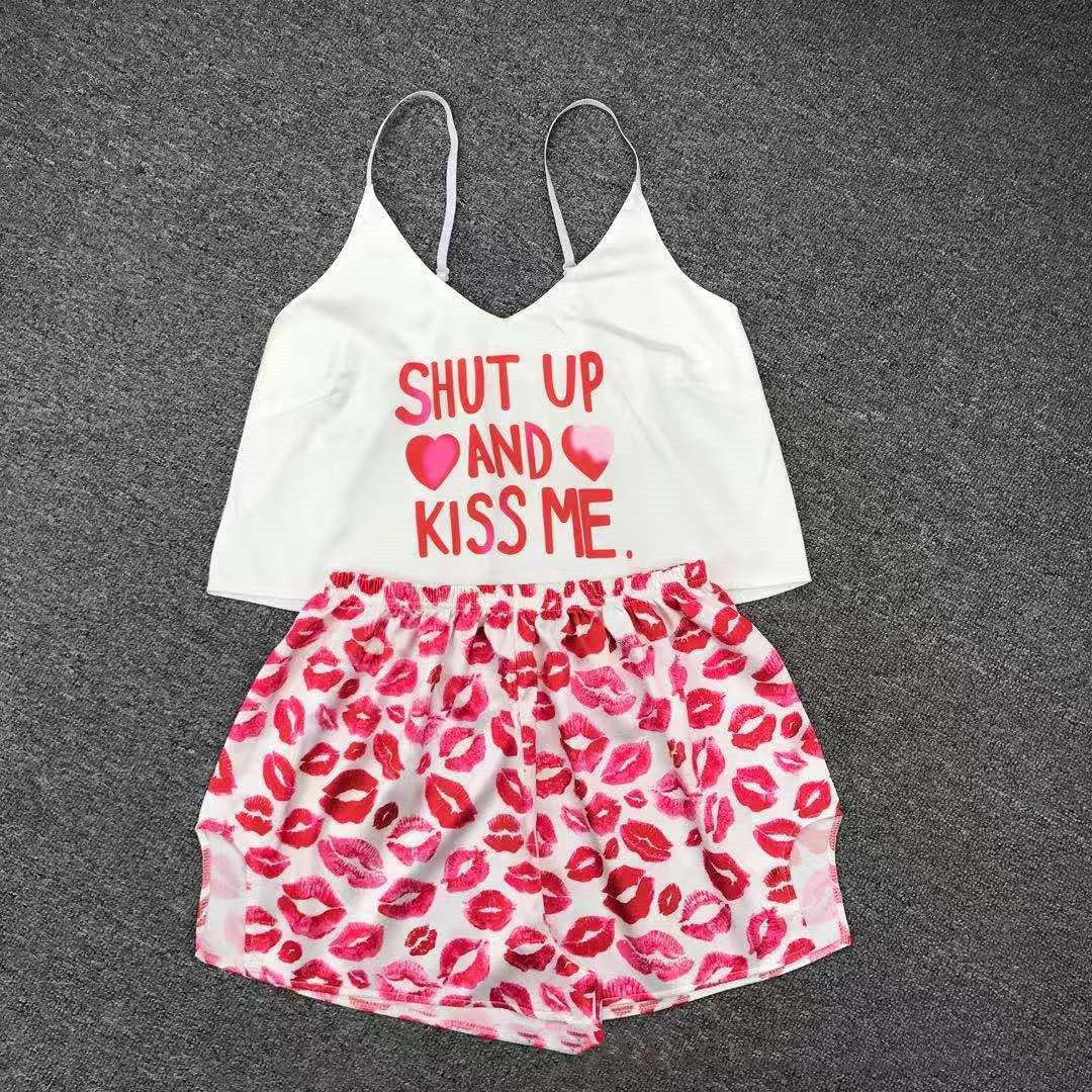 Ice Silk Pajamas Sling High-quality Simulation Silk Thin Section Comfortable Casual Printing