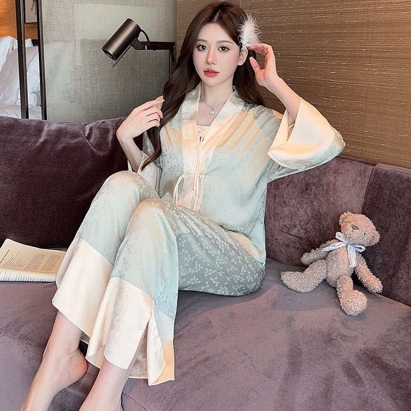 Women's Ice Silk Sling Nightgown Three-piece Set