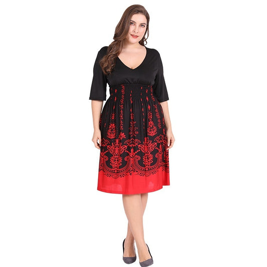 Women's Loose Round Neck Ice Silk Printed Large Swing Dress