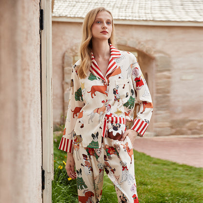 Pajamas Female Spring And Summer Long-sleeved Lapel Silk Cartoon