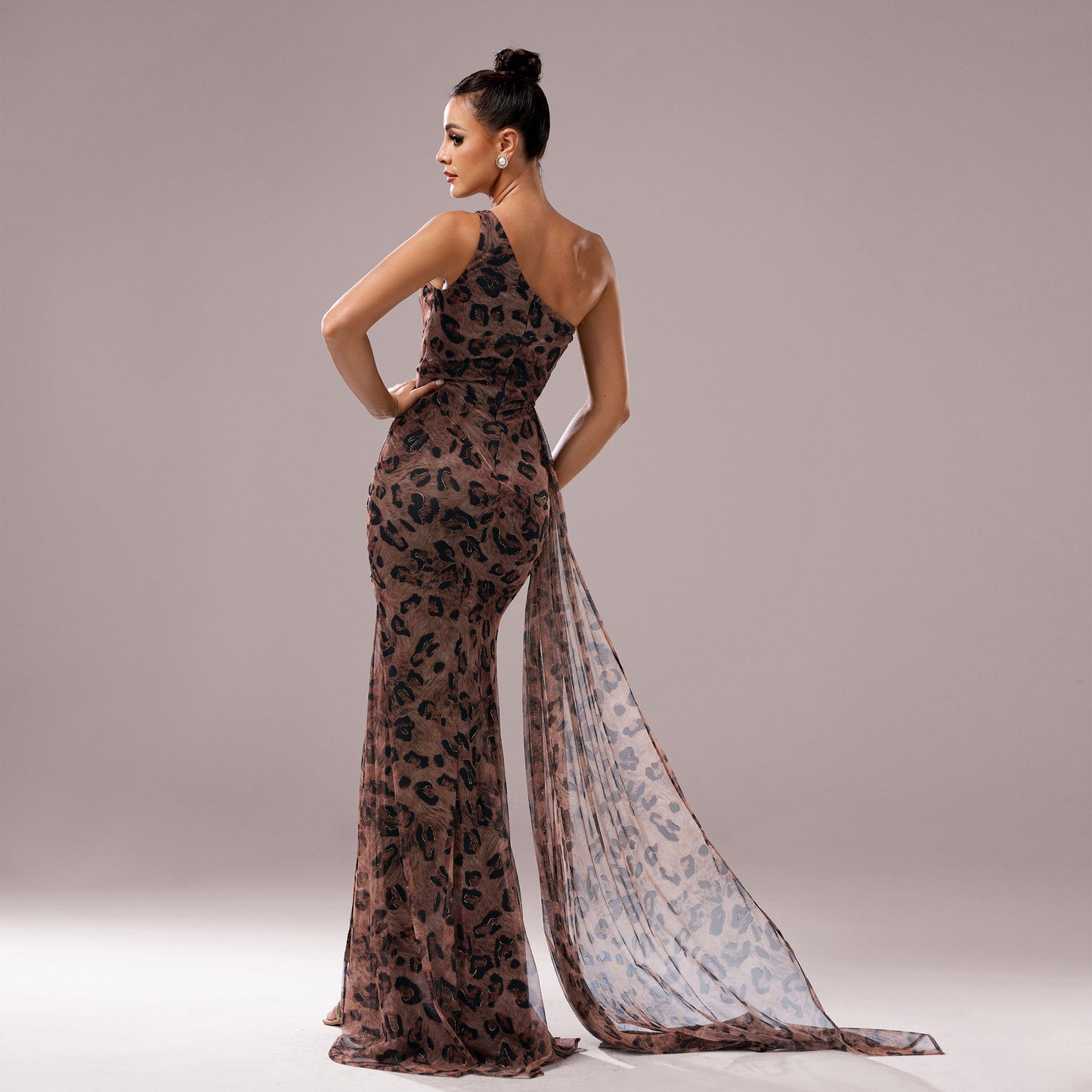 Celestia Noir – One-Shoulder Sequined Leopard Gown