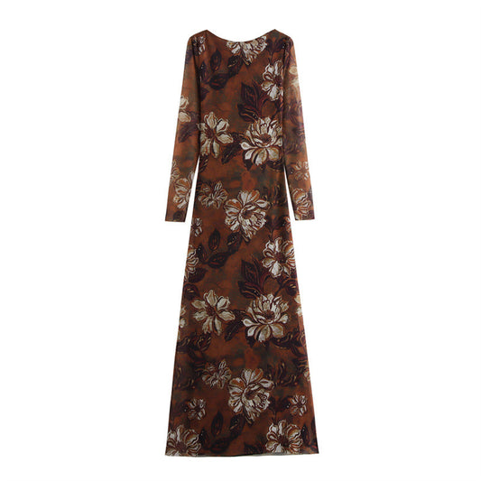 Elegant Long Sleeve Silk Net Printed Dress