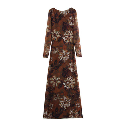 Elegant Long Sleeve Silk Net Printed Dress