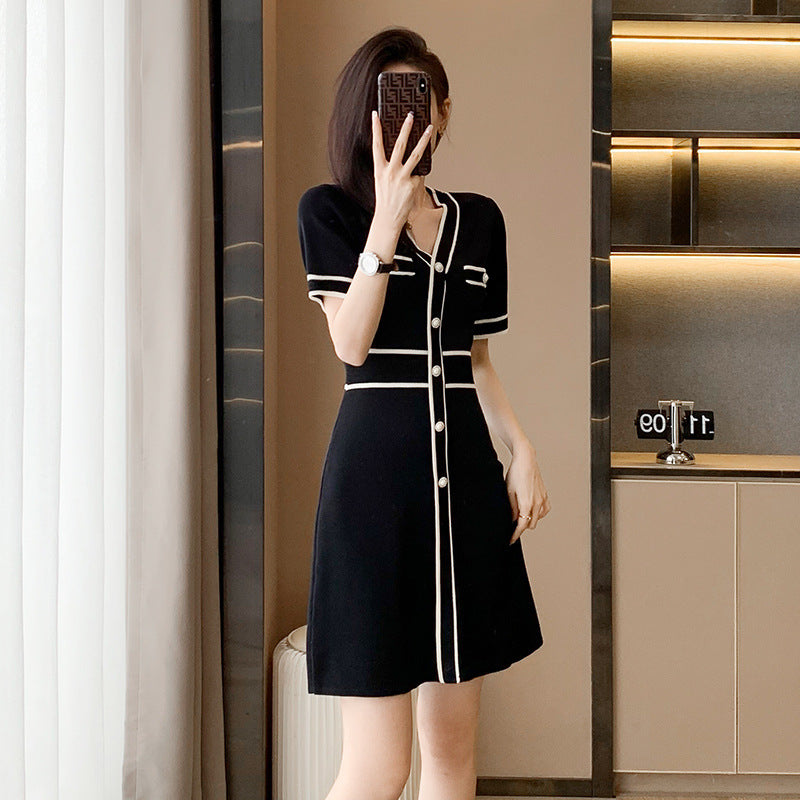 Ice Silk Knitted V-neck High Waist Short Sleeve Slimming A- Line Dress For Women