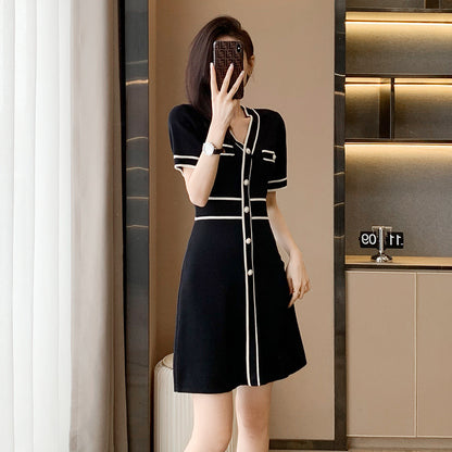 Ice Silk Knitted V-neck High Waist Short Sleeve Slimming A- Line Dress For Women