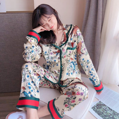 Women's long-sleeved trousers two-piece simulation silk Japanese kimono printed silk cardigan pajamas