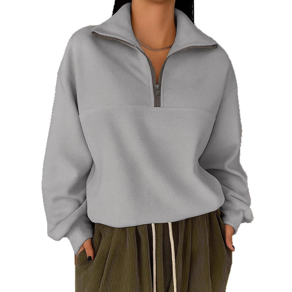 Casual Loose Fashion Solid Color Long Sleeve Zipper Pullover Lapel Sweater