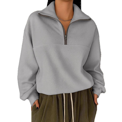 Casual Loose Fashion Solid Color Long Sleeve Zipper Pullover Lapel Sweater
