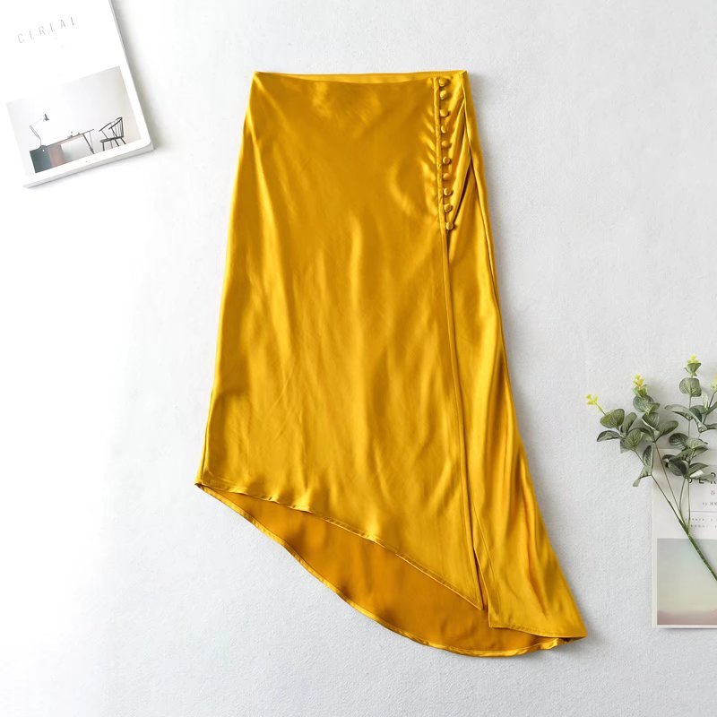Women's Fashion Irregular Buttoned Silk Satin Textured Skirt