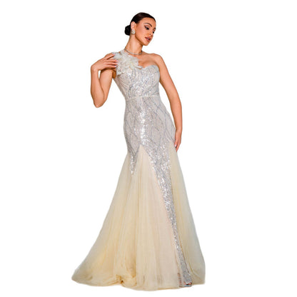 Lumira Veil One-Shoulder Gown