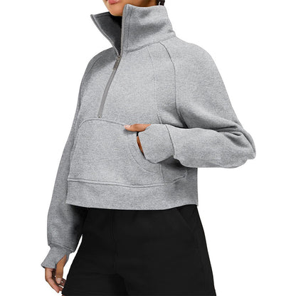 Autumn And Winter Fleece Sweater Half Zipper Coat Stand Collar Pocket European And American Style Women Sweater