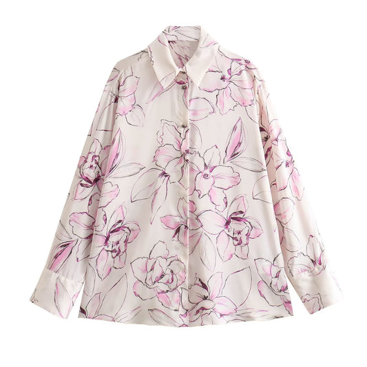 Women's Fashionable Printed Silk Satin Textured Shirt