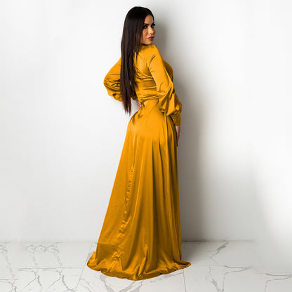 Fashionable V-Neck Silk Face Solid Color Lace Irregular Long Dress