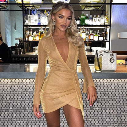 Shiny Gold Silk V-neck Pleated Flared Sleeve Hip Skirt