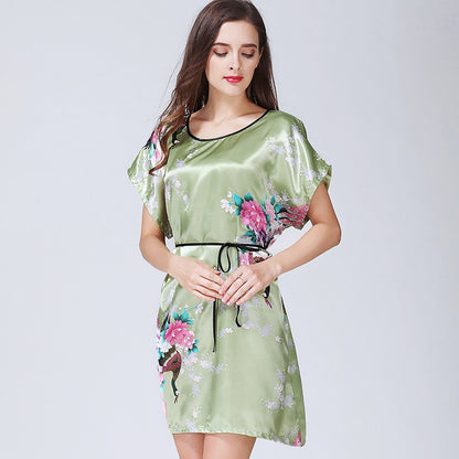 Imitation Silk Nightdress Round Neck And Thin Belt Women's Silk Pajamas