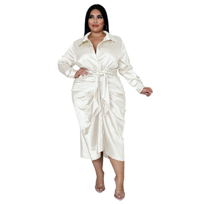 Large Size Women's Reflective Silk Pleated Lace-up Shirt Dress