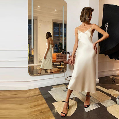 Mobile phone shell sexy sling V-neck silk long dress