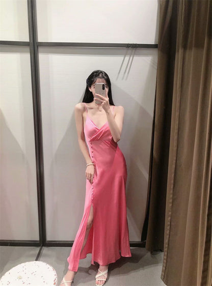 Silk Texture Suspenders Sexy Split Long Dress