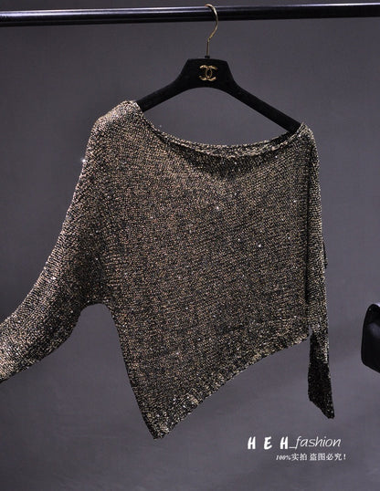 Sequined Slant Shoulder Bright Silk Gold Thread Pullover Top