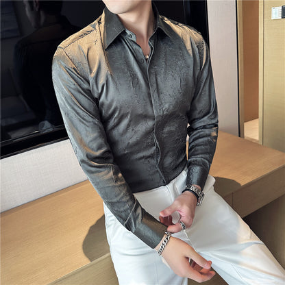 Design Men's Ice Silk Thin Large Texture Long Sleeve Shirt