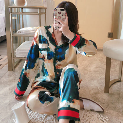 Women's long-sleeved trousers two-piece simulation silk Japanese kimono printed silk cardigan pajamas