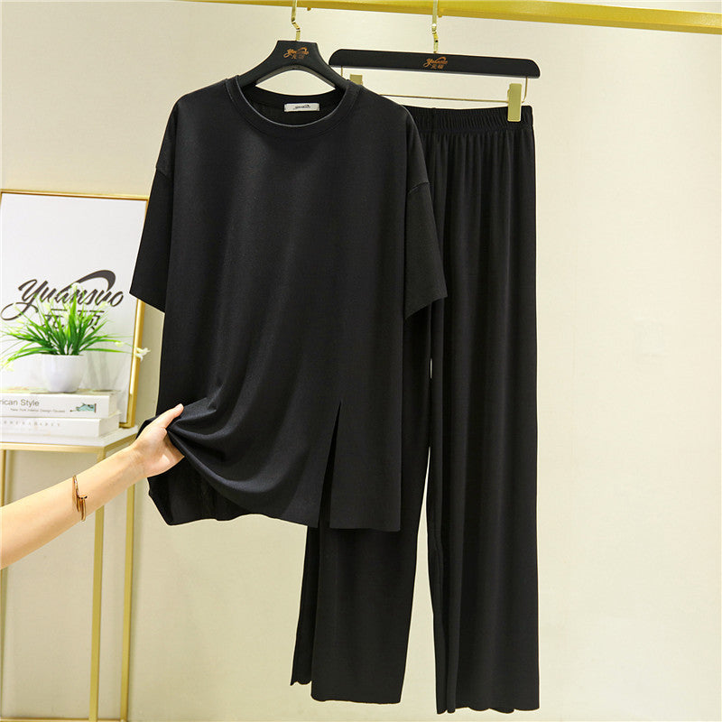 Loose Summer Women's Ice Silk Thread Mask Short Sleeve Slit Pajamas