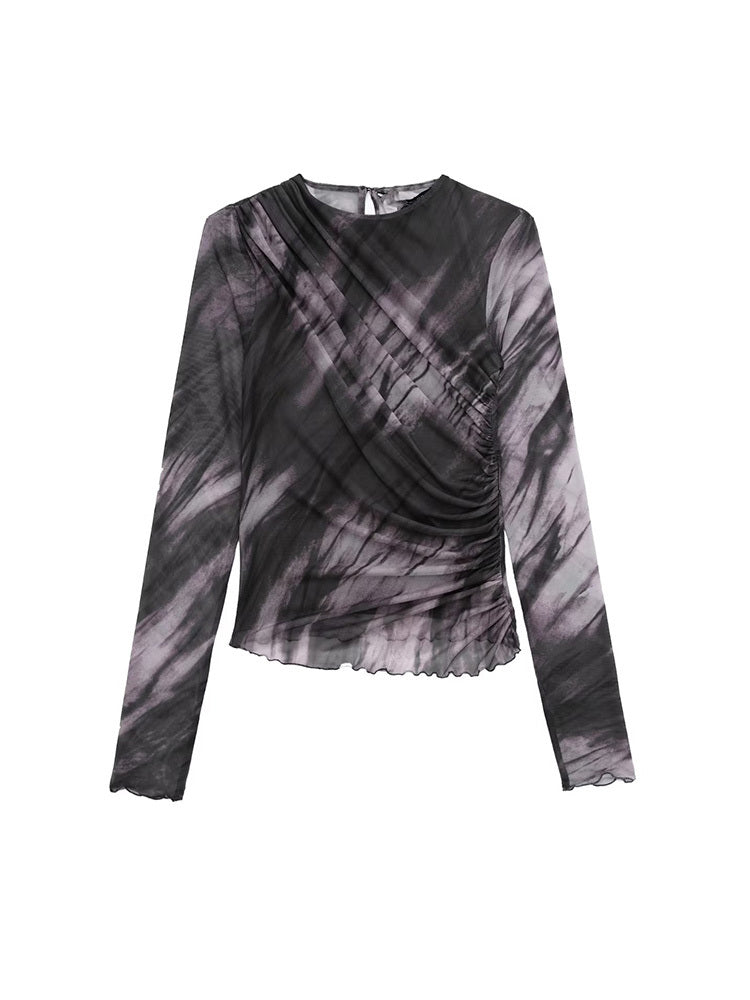 Pleated Floral Print Silk Mesh Dress Skirt