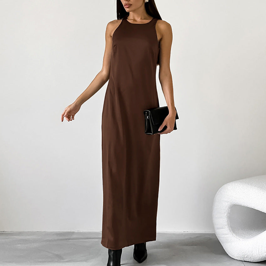 Silk-like Satin Surface Round Neck Vest Dress