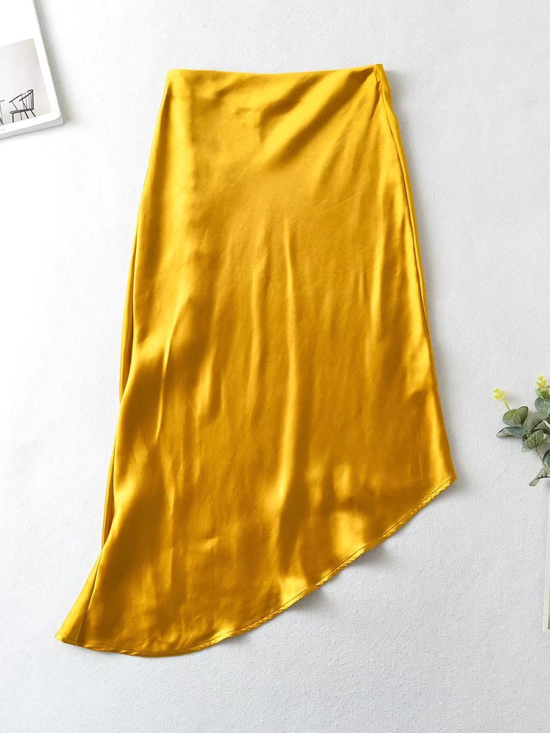 Women's Fashion Irregular Buttoned Silk Satin Textured Skirt
