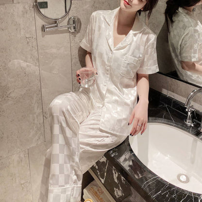 Women's Fashion Jacquard Plaid Ice Silk Home Wear Suit