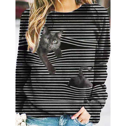 3D Cartoon Pattern Round Neck Stripe Long Sleeve T-shirt