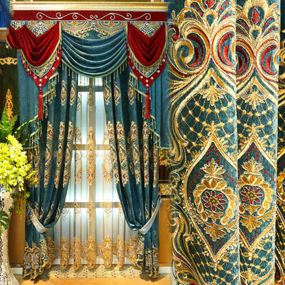 European Style Chenille Curtain Cloth Blackout Gold Silk Embroidery