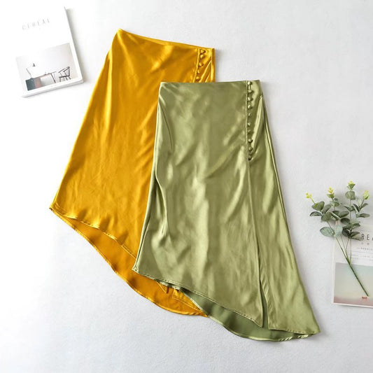 Women's Fashion Irregular Buttoned Silk Satin Textured Skirt