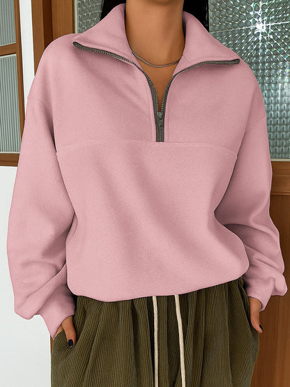 Casual Loose Fashion Solid Color Long Sleeve Zipper Pullover Lapel Sweater