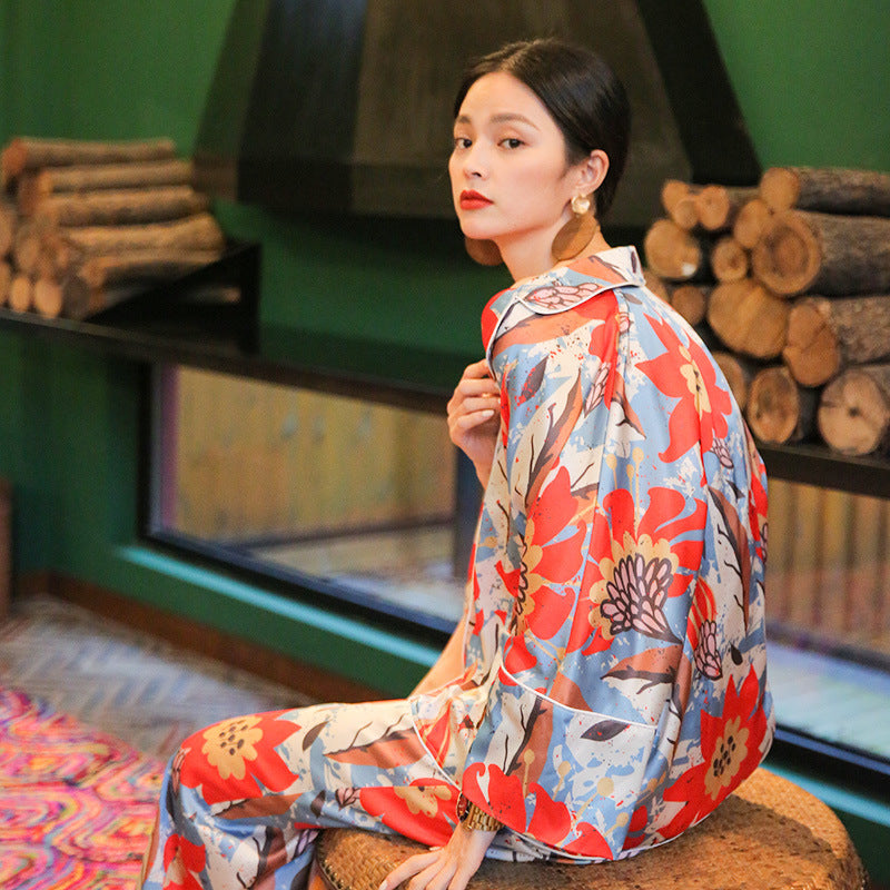 Printed Two-Piece Outerwear Loose Simulated Silk Homewear Set