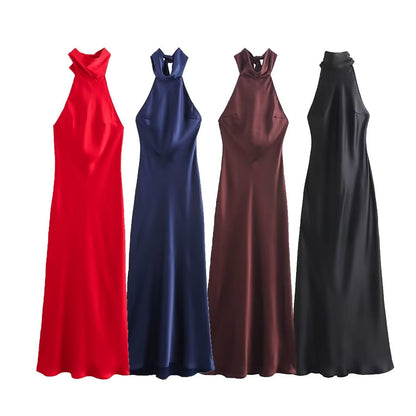European And American Style Hanging Collar Silk Satin Texture Backless Dress
