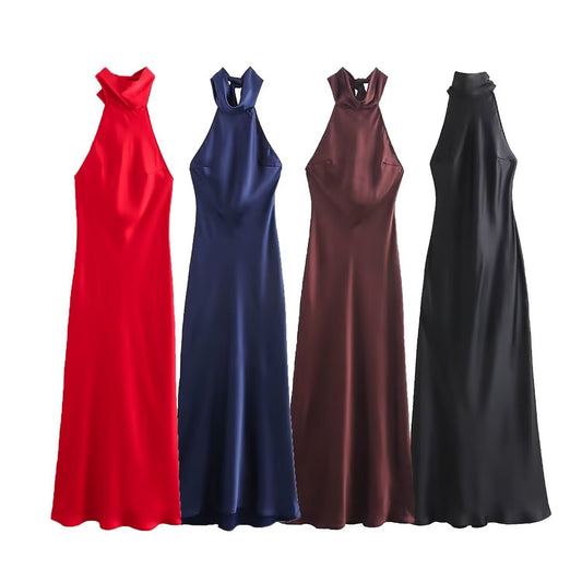European And American Style Hanging Collar Silk Satin Texture Backless Dress