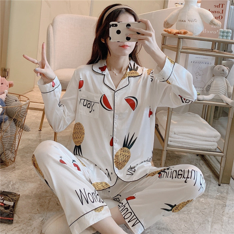 Ice Silk Pajamas Women's Long-sleeved Trousers Two-piece Set