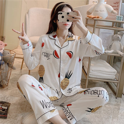 Ice Silk Pajamas Women's Long-sleeved Trousers Two-piece Set