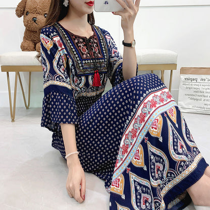 Skirt Crew Neck Ruffle Half Sleeve Cotton Silk Dress