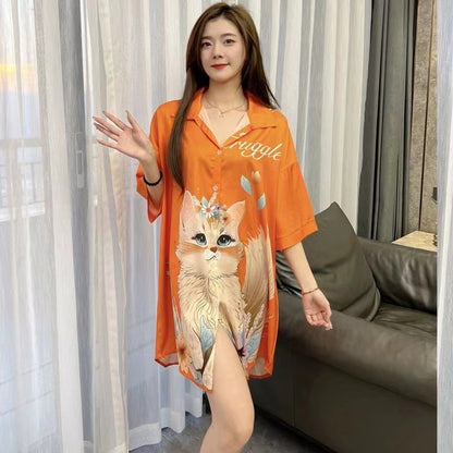 Silk Nightdress Women's Summer Thin Ice Silk Plus Size Loose Pajamas
