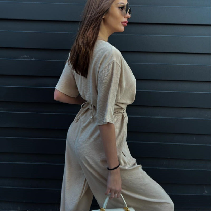 Velinora Deep V Tie-Waist Jumpsuit