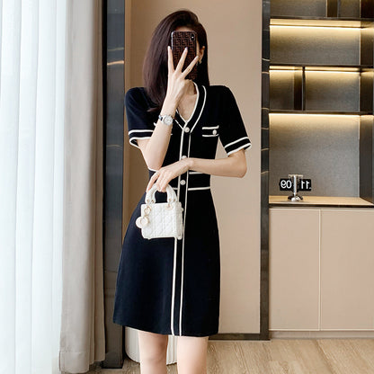 Ice Silk Knitted V-neck High Waist Short Sleeve Slimming A- Line Dress For Women