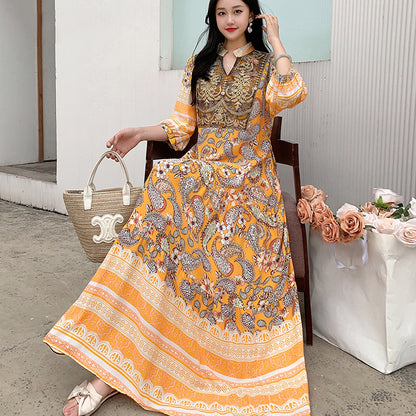 Long Skirt, Ethnic Style Dress, Women's Summer Cotton Silk Floral Print