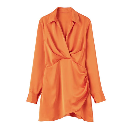 European And American Style Silk Satin Texture Waist Shirt Dress