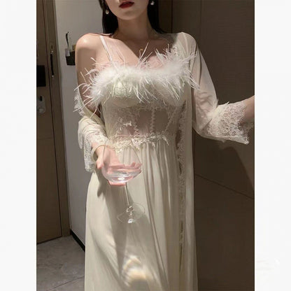Feather Slip Nightdress Long Ice Silk Pajamas