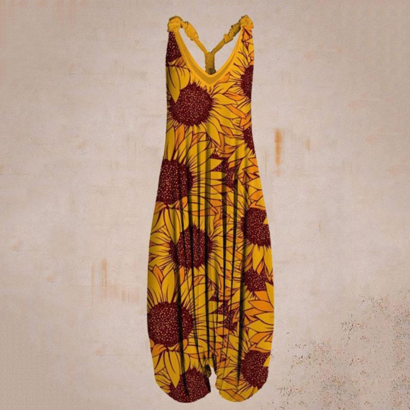 Printed Sleeveless Loose Milk Silk Suspender Jumpsuit