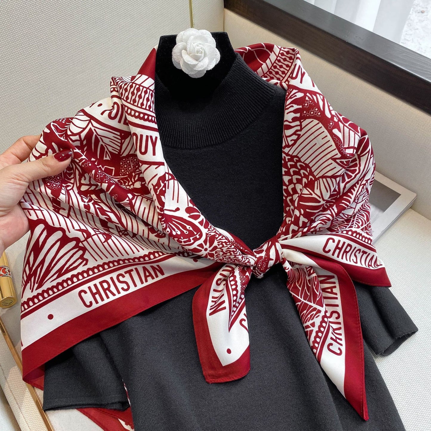 Decorative Lengthened Women's Geometric Pattern Plain Printed Silk Scarf
